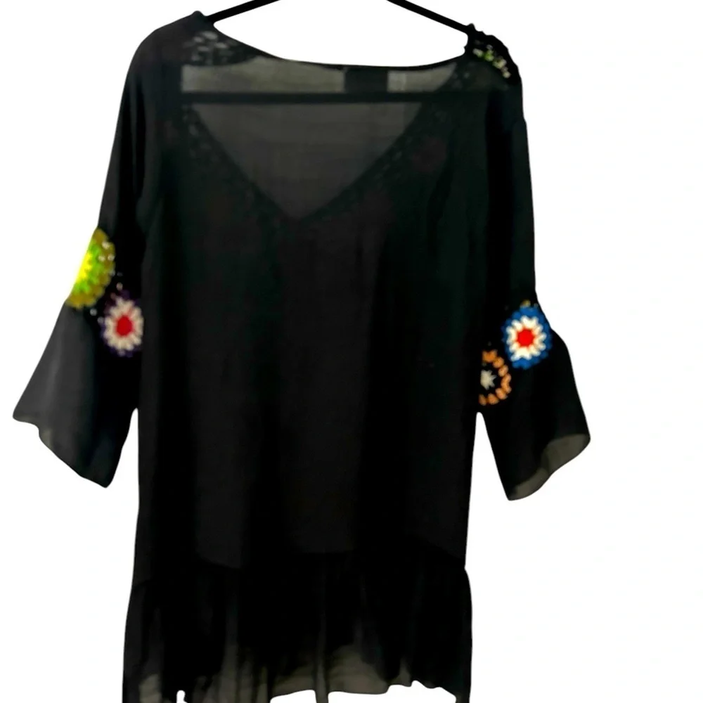 Black Crochet  Sheer Deep V‎ Swim Cover Up - Picture 3 of 5